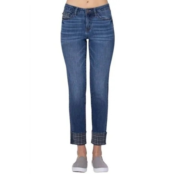 Judy Blue Blue Mid-Rise Hidden Plaid Cuffed Jeans Denim Winter Shaping Classic - Picture 1 of 12